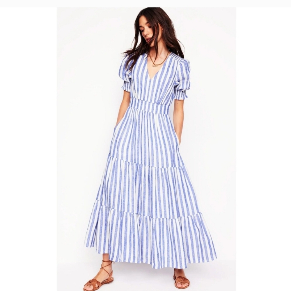 Boden Anna Linen Tiered Midi Dress Blue White Striped Smocked Puff Sleeve 12L - Picture 5 of 6